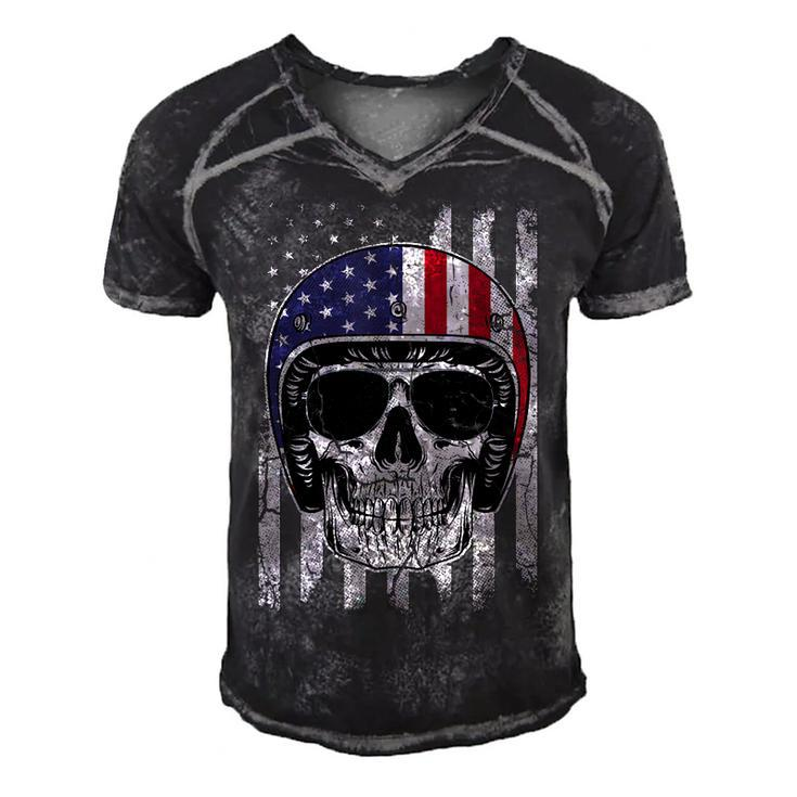 4Th Of July American Flag Skull Motorcycle T  Men Dad Men's Short Sleeve V-neck 3D Print Retro Tshirt