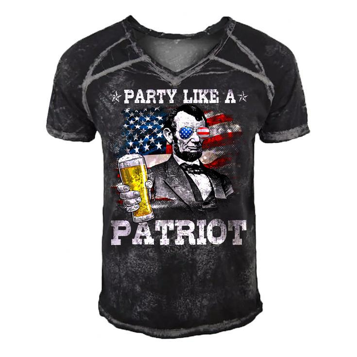 Abraham Lincoln Party Like A Patriot 4Th Of July  Men's Short Sleeve V-neck 3D Print Retro Tshirt