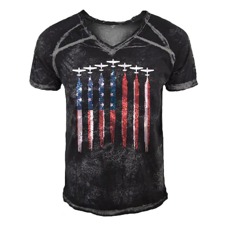Airplane Pilot Flying Usa Flag Patriot American 4Th Of July Men's Short Sleeve V-neck 3D Print Retro Tshirt