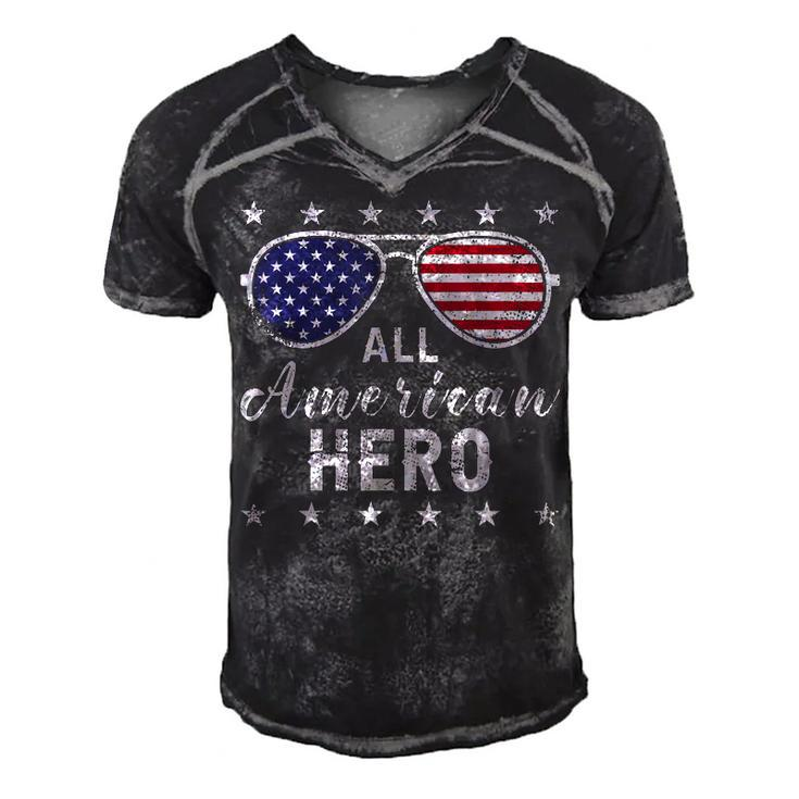 All American Hero Dad 4Th Of July Sunglasses Fathers Day  Men's Short Sleeve V-neck 3D Print Retro Tshirt