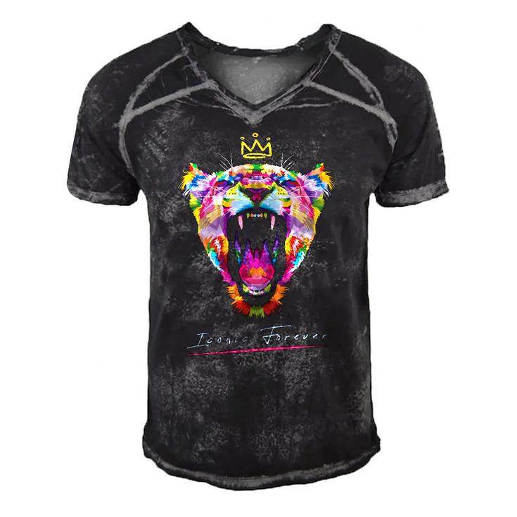 Colorful Queen Lioness With Crown  Men's Short Sleeve V-neck 3D Print Retro Tshirt