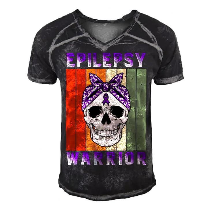Epilepsy Warrior  Skull Women Vintage  Purple Ribbon  Epilepsy  Epilepsy Awareness Men's Short Sleeve V-neck 3D Print Retro Tshirt