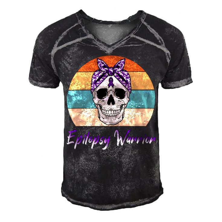 Epilepsy Warrior  Skull Women Vintage  Purple Ribbon  Epilepsy  Epilepsy Awareness V2 Men's Short Sleeve V-neck 3D Print Retro Tshirt