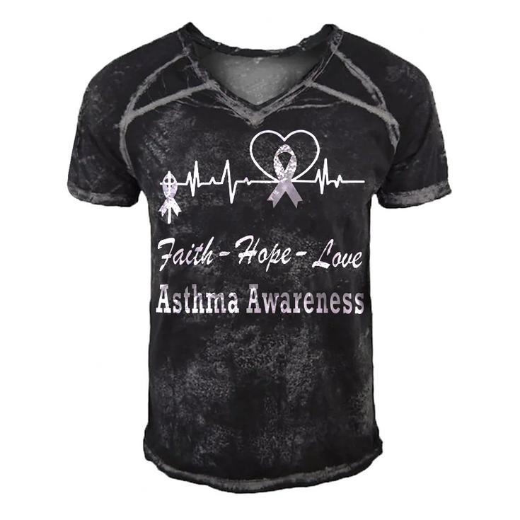 Faith Hope Love Asthma Awareness Heartbeat Christian Cross  Grey Ribbon  Asthma  Asthma Awareness Men's Short Sleeve V-neck 3D Print Retro Tshirt