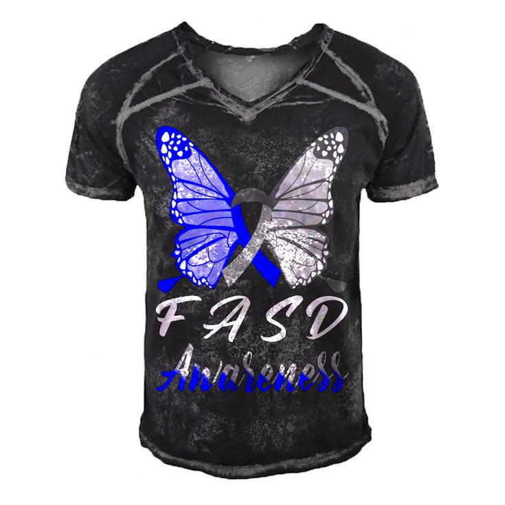 Fasd Awareness Butterfly  Blue And Grey Ribbon  Fetal Alcohol Spectrum Disorder  Fetal Alcohol Spectrum Disorder Awareness Men's Short Sleeve V-neck 3D Print Retro Tshirt