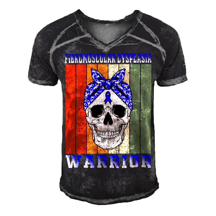 Fibromuscular Dysplasia Warrior  Skull Women Vintage  Blue Ribbon  Fmd  Fibromuscular Dysplasia Awareness Men's Short Sleeve V-neck 3D Print Retro Tshirt