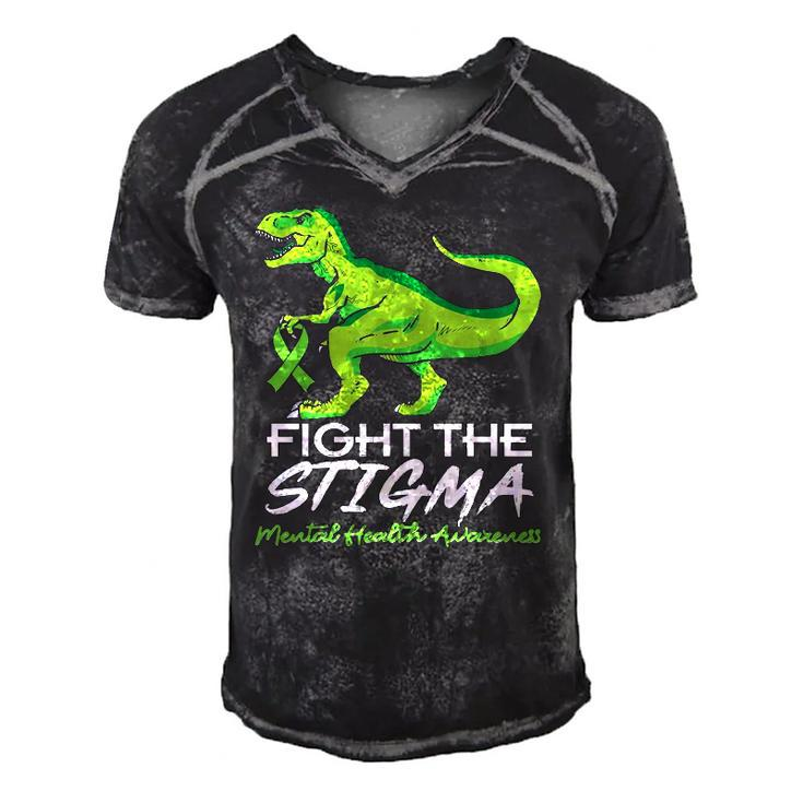 Fight Stigma Mental Health Awareness Lime Green Dinosaur Men's Short Sleeve V-neck 3D Print Retro Tshirt