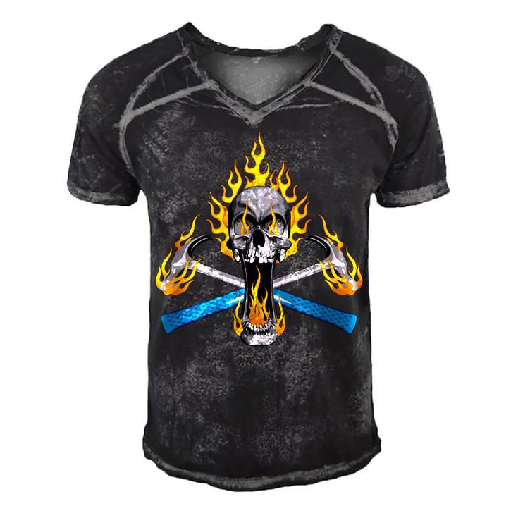 Flaming Carpenter Skull  Crossed Hammers Men's Short Sleeve V-neck 3D Print Retro Tshirt