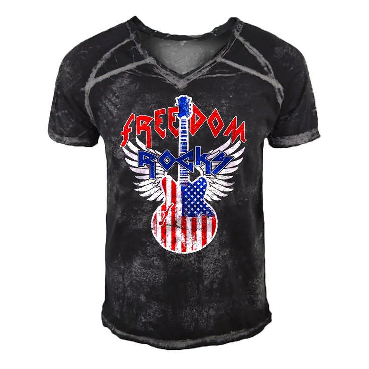 Freedom Rocks 4Th Of July Patriotic Usa Flag Rock Guitar Men's Short Sleeve V-neck 3D Print Retro Tshirt