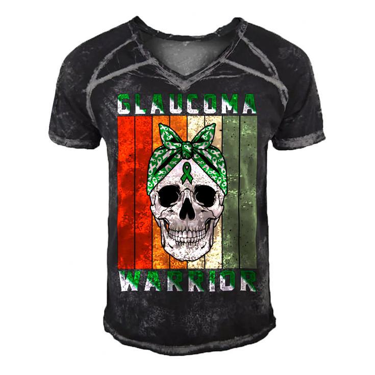 Glaucoma Warrior  Skull Women Vintage  Green Ribbon  Glaucoma  Glaucoma Awareness Men's Short Sleeve V-neck 3D Print Retro Tshirt