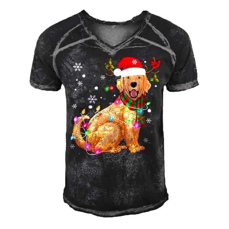 Golden Retriever Dog Wear Santa Hat Reindeer Horn Christmas Men's Short Sleeve V-neck 3D Print Retro Tshirt
