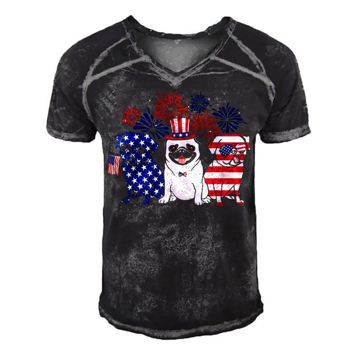 Happy 4Th July Three Blue White Pug And Red  Men's Short Sleeve V-neck 3D Print Retro Tshirt