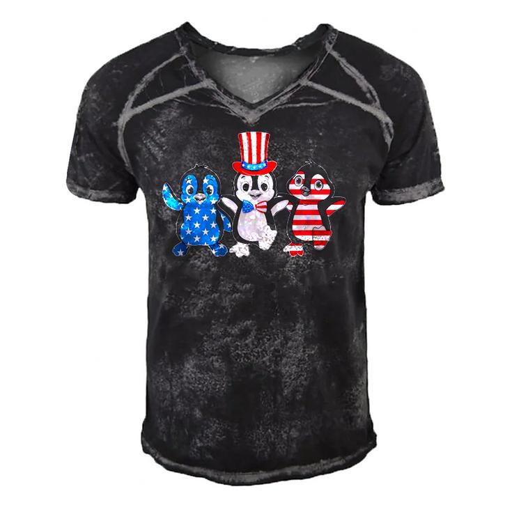 Happy Fourth Of July Patriotic Animals Penguin Usa Flag  Men's Short Sleeve V-neck 3D Print Retro Tshirt