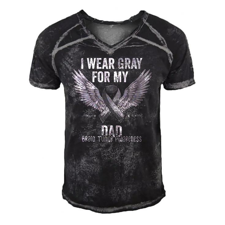 I Wear Gray For My Dad Brain Tumor Cancer Awareness Ribbon Men's Short Sleeve V-neck 3D Print Retro Tshirt
