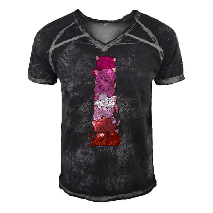 Lesbian Pride Flag Cute Pink Kawaii Cat Stack Anime Art  Men's Short Sleeve V-neck 3D Print Retro Tshirt
