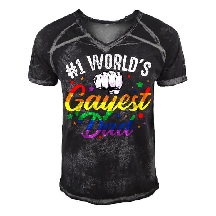 Mens 1 Worlds Gayest Dad Funny Fathers Day Lgbt Pride Rainbow 14 Shirt Men's Short Sleeve V-neck 3D Print Retro Tshirt