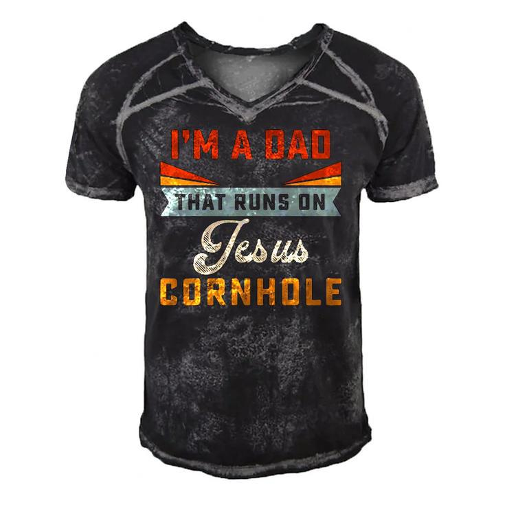 Mens Im A Dad That Runs On Jesus Cornhole Christian Vintage Gift Men's Short Sleeve V-neck 3D Print Retro Tshirt