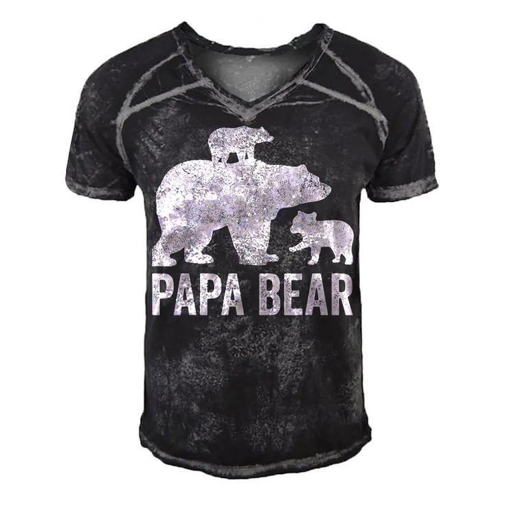 Mens Papa Bear Fathers Day Grandad Fun 2 Cub Kid Grandpa Men's Short Sleeve V-neck 3D Print Retro Tshirt