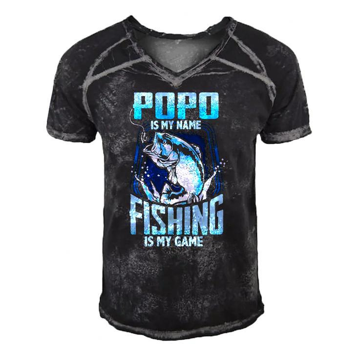 Mens Popo Is My Name Fishing Is My Game Fathers Day Gifts Men's Short Sleeve V-neck 3D Print Retro Tshirt