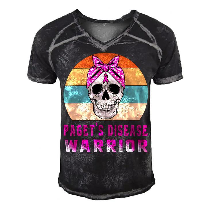 Pagets Disease Warrior  Skull Women Vintage  Pink Ribbon  Pagets Disease  Pagets Disease Awareness Men's Short Sleeve V-neck 3D Print Retro Tshirt