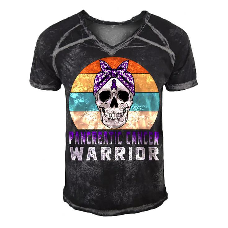 Pancreatic Cancer Warrior  Skull Women Vintage  Purple Ribbon  Pancreatic Cancer  Pancreatic Cancer Awareness Men's Short Sleeve V-neck 3D Print Retro Tshirt