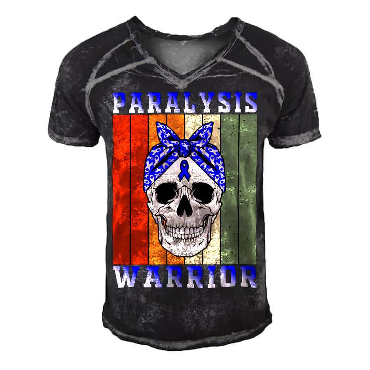 Paralysis Warrior  Skull Women Vintage  Blue Ribbon  Paralysis  Paralysis Awareness Men's Short Sleeve V-neck 3D Print Retro Tshirt