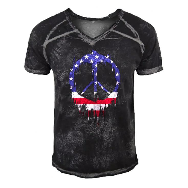 Patriotic Peace Sign American Flag 4Th Of July Retro Hippie Men's Short Sleeve V-neck 3D Print Retro Tshirt