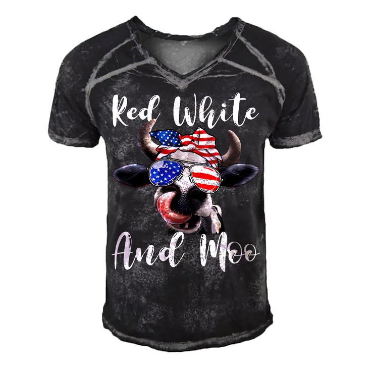 Red White And Moo Cow Messy Bun Usa Flag 4Th Of July  Men's Short Sleeve V-neck 3D Print Retro Tshirt