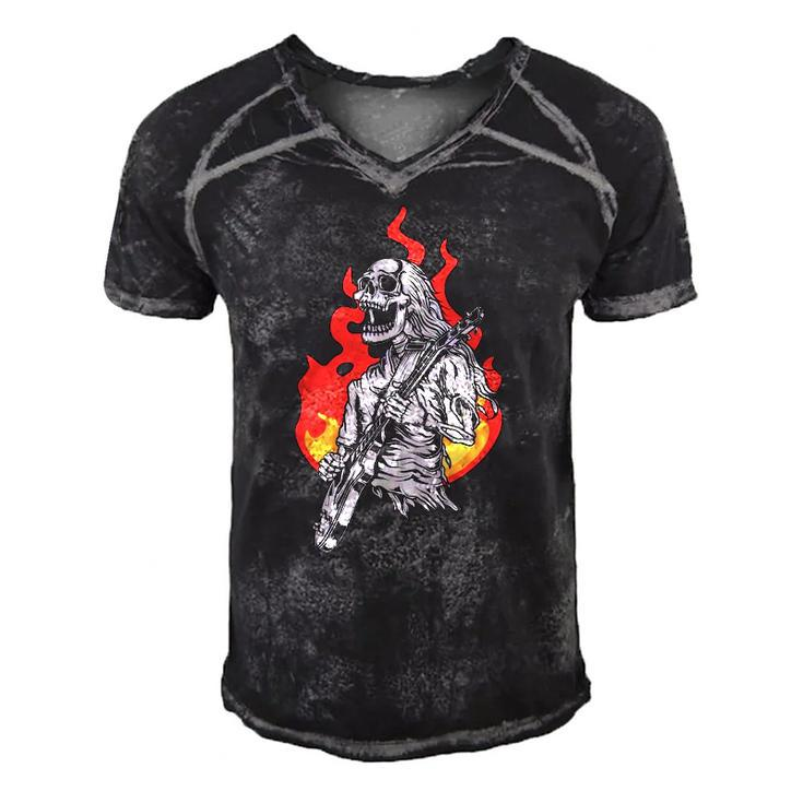 Skeleton Playing Electric Guitar Flames Rock Music Men's Short Sleeve V-neck 3D Print Retro Tshirt