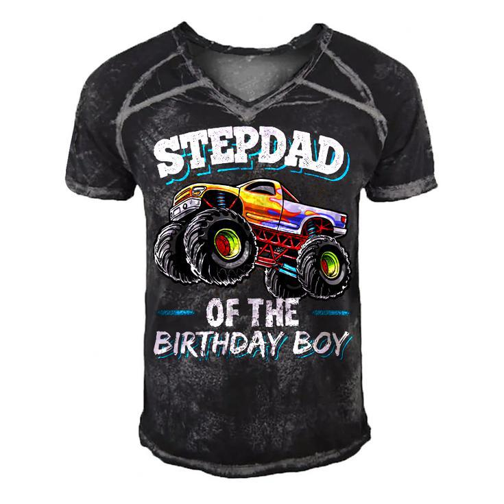 Stepdad Of The Birthday Boy Matching Family Monster Truck  Men's Short Sleeve V-neck 3D Print Retro Tshirt