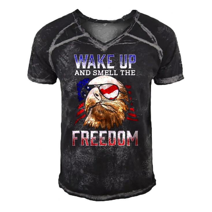 Wake Up And Smell The Freedom Murica American Flag Eagle Men's Short Sleeve V-neck 3D Print Retro Tshirt