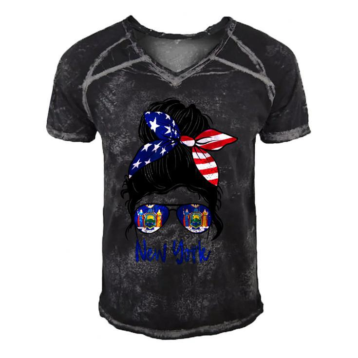 New York Girl New York Flag State Girlfriend Messy Bun  Men's Short Sleeve V-neck 3D Print Retro Tshirt