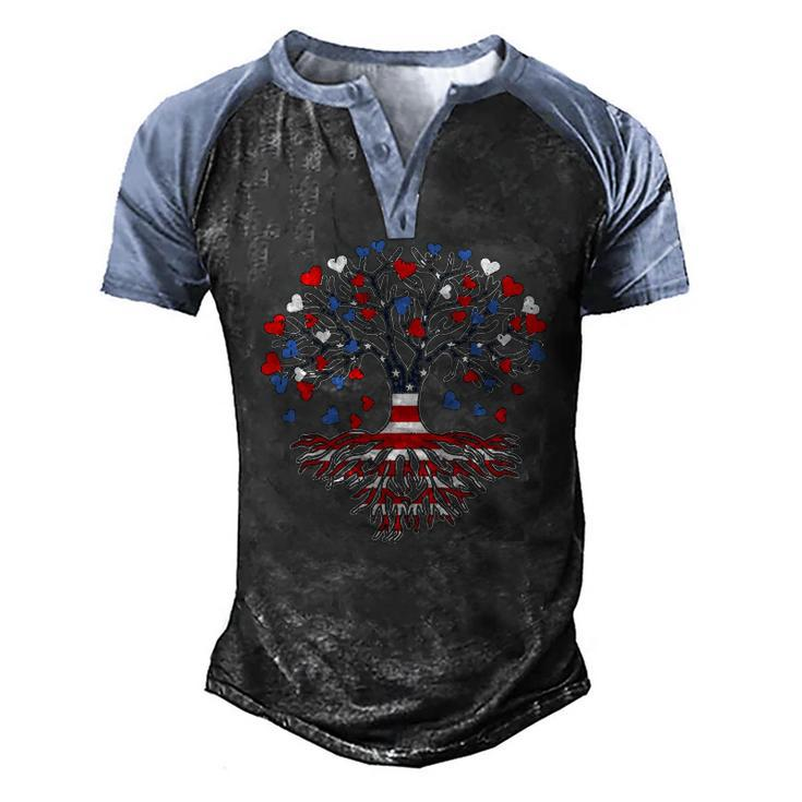 American Tree 4Th Of July Usa Flag Hearts Roots Patriotic Men's Henley Raglan T-Shirt