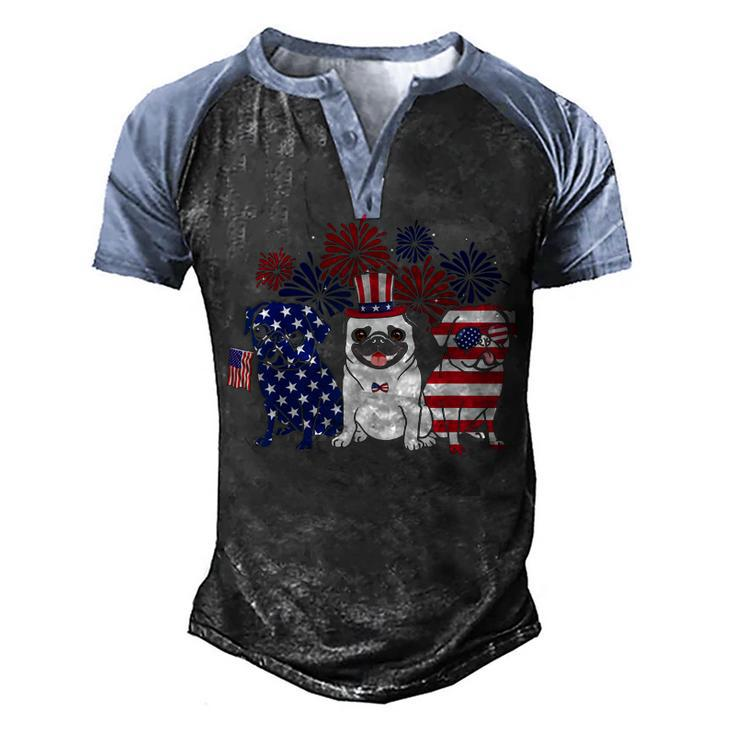 Happy 4Th July Three Blue White Pug And Red  Men's Henley Shirt Raglan Sleeve 3D Print T-shirt