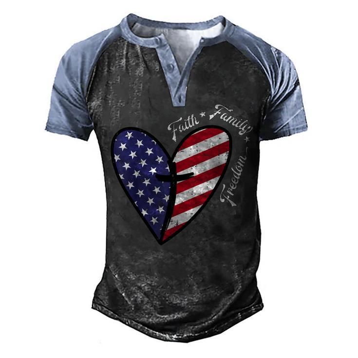Heart Cross Faith Fourth 4Th Of July Patriotic Christians  Men's Henley Shirt Raglan Sleeve 3D Print T-shirt