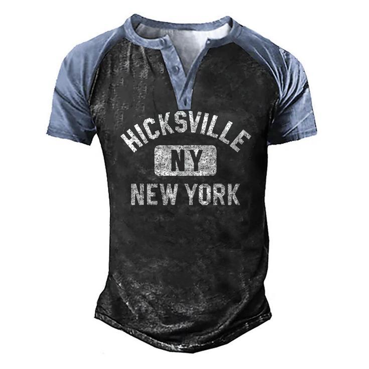 Hicksville Ny New York Gym Style Distressed White Print Men's Henley Raglan T-Shirt
