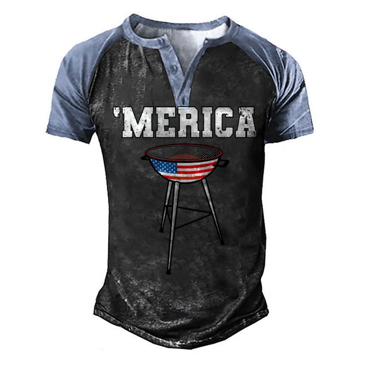 Mens Grill Merica Barbecue Bbq American Grandpa Dad 4Th Of July  Men's Henley Shirt Raglan Sleeve 3D Print T-shirt
