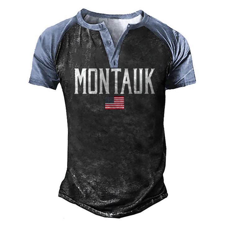 Montauk Ny American Flag Vintage White Text Men's Henley Raglan T-Shirt