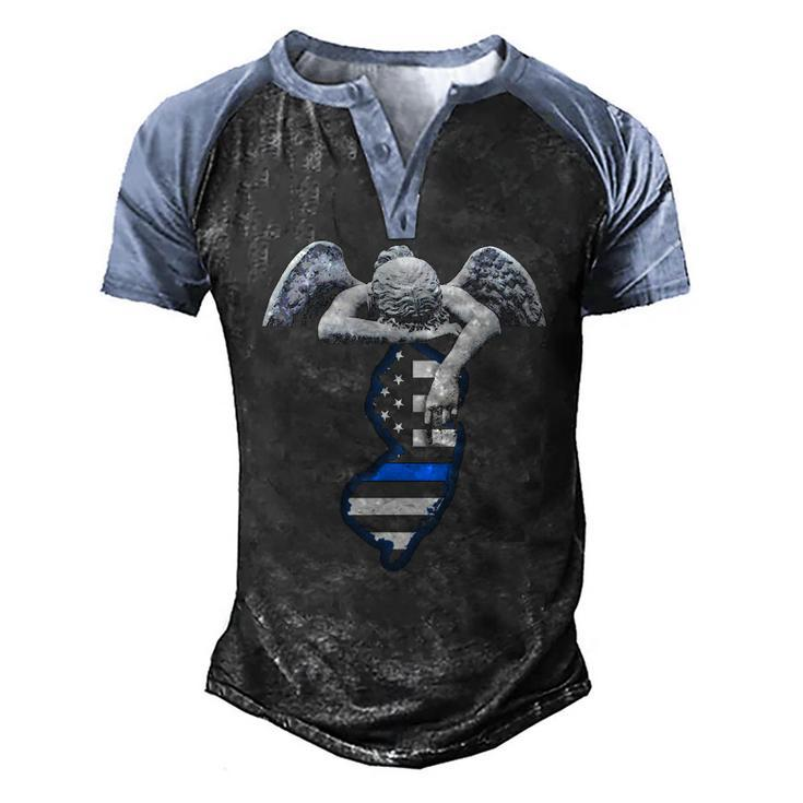 New Jersey Thin Blue Line Flag And Angel For Law Enforcement Men's Henley Raglan T-Shirt