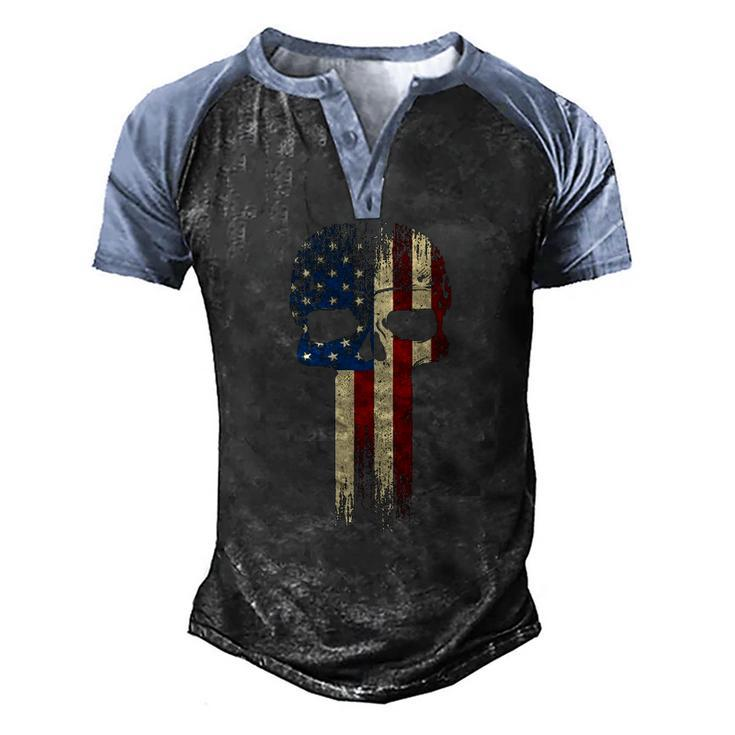 Patriotic Skull Usa Military American Flag Proud Veteran Men's Henley Raglan T-Shirt