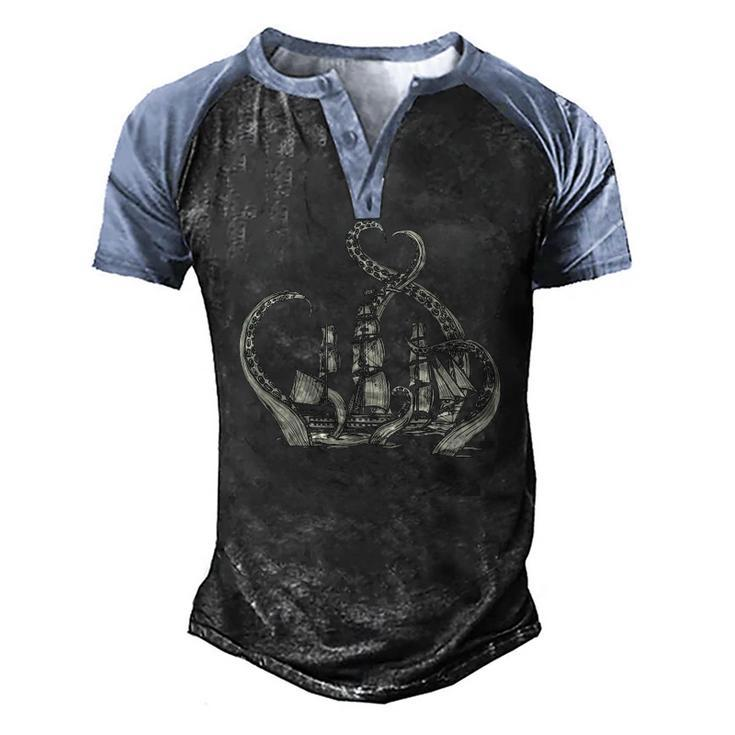 Pirate Ship Octopus Buccaneer Freebooter Crossed Bones Skull Men's Henley Raglan T-Shirt