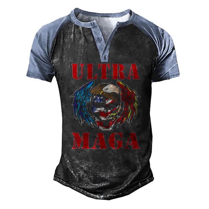 Ultra Maga Anti Joe Biden American Flag Skull Bald Eagle Men's Henley Raglan T-Shirt