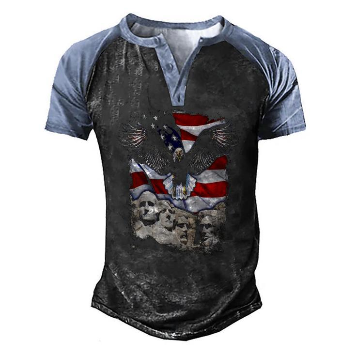 4Th Of July American Bald Eagle Mount Rushmore Merica Flag Men's Henley Raglan T-Shirt
