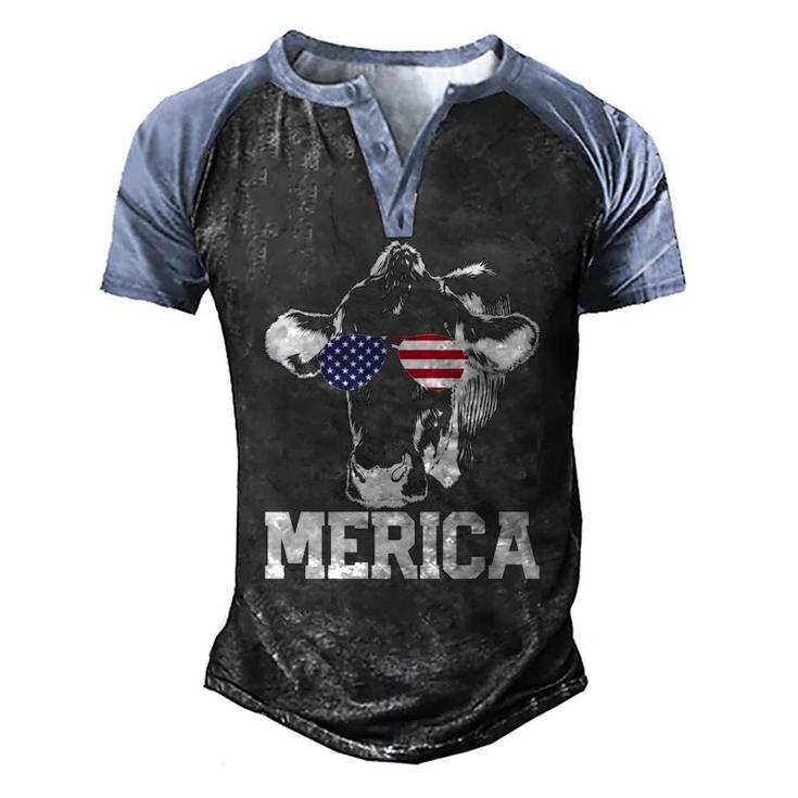 4Th Of July 4Th Cow American Flag Usa Men Women Retro Merica Men's Henley Raglan T-Shirt