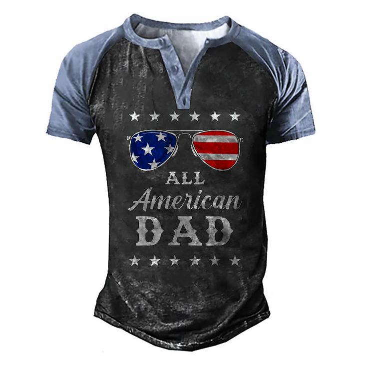 Mens All American Dad 4Th Of July Sunglasses And Stars Men's Henley Raglan T-Shirt
