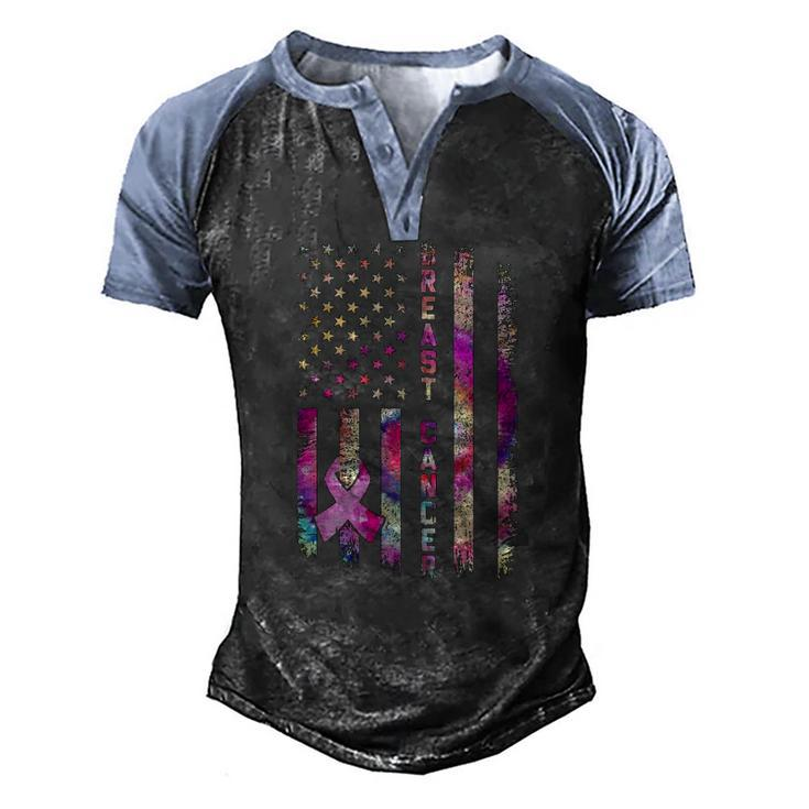 American Flag Breast Cancer Awareness Support Tie Dye Men's Henley Raglan T-Shirt