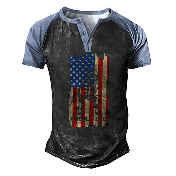 Womens American Flag Pitbull Dad Cool Dog Daddy Patriot 4Th July V-Neck Men's Henley Raglan T-Shirt