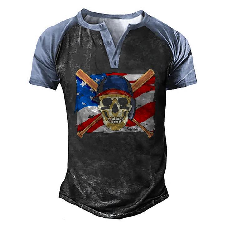 Baseball Skull 4Th Of July American Player Usa Flag Men's Henley Raglan T-Shirt