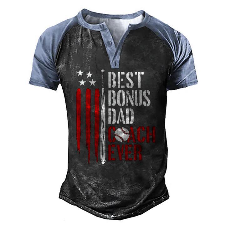 Mens Best Bonus Dad Coach Ever Proud Baseball Daddy American Flag Men's Henley Raglan T-Shirt