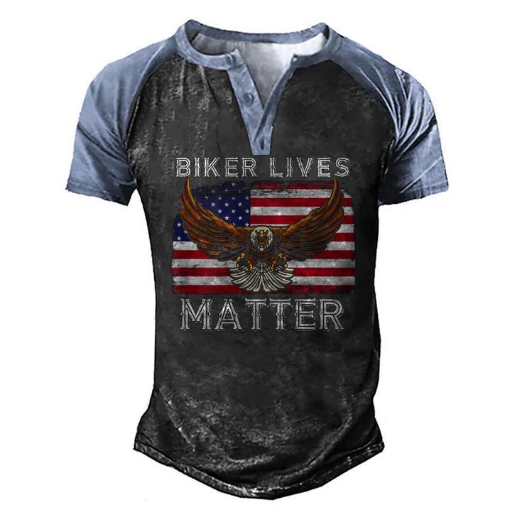 Biker Lives Matter Distressed American Flag Bald Eagle Men's Henley Raglan T-Shirt